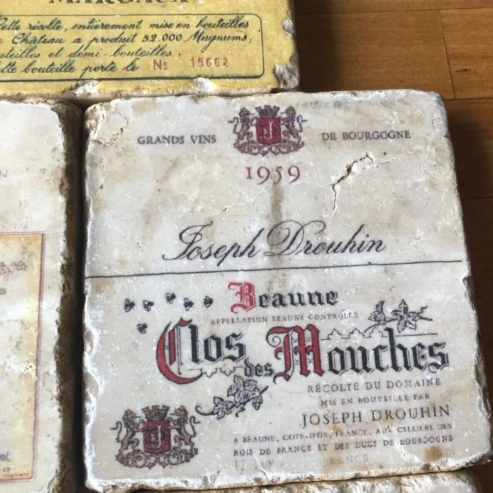 Set of 7 Square Natural Stone Marble Coasters French Wine Labels Maps 4